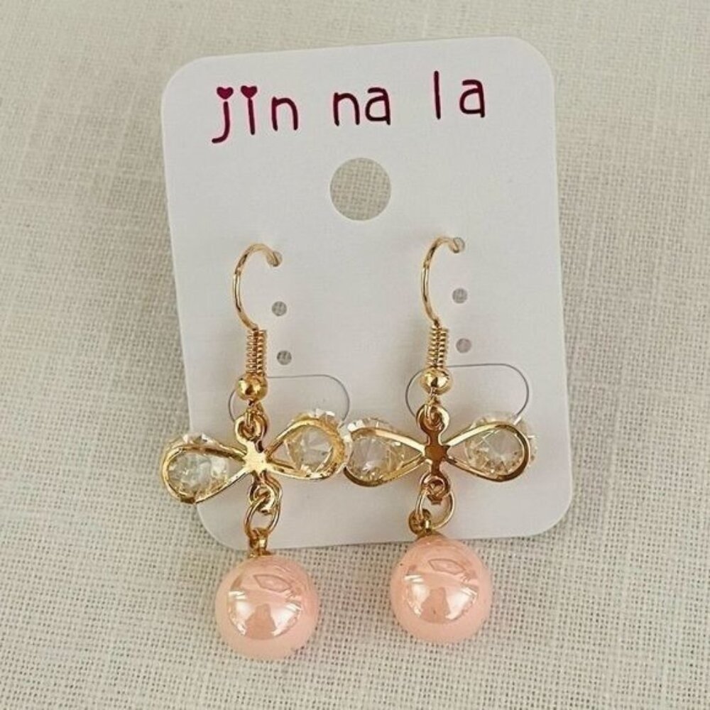 Goldtone Earrings Featuring Clear Rhinestones and Pearly Pink Beads on Goldtone